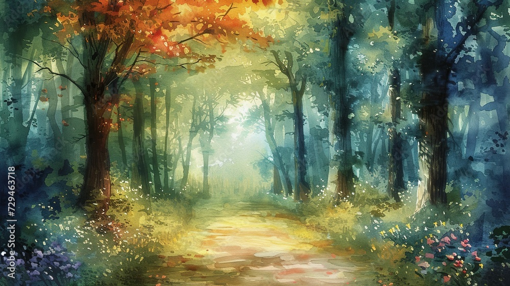 Enchanting wild forest path with watercolor effect. Wall art wallpaper