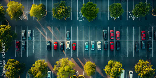 Ad for magazine or mall. Parking lot, parking space, parking, mall, cars, car, view from above,