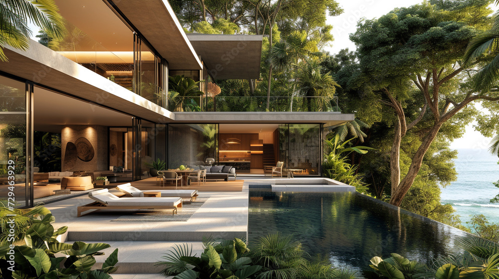 A tropical villa with a seamless indoor-outdoor design, featuring sliding glass walls that blur the boundaries between living spaces. 