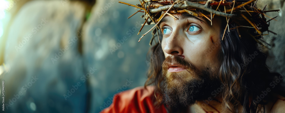 Close-up of a Man Portraying Jesus Christ with Crown of Thorns, copy space. Man with a crown of thorns with vivid blood trails. - obrazy, fototapety, plakaty 