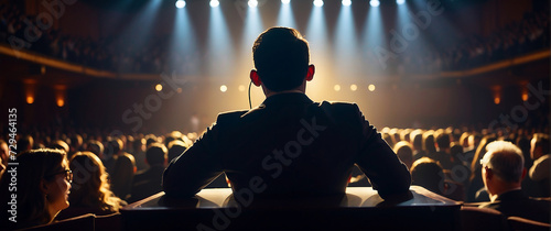 The audience watches in awe as the speaker's silhouette is illuminated by the bright stage lights, their back turned as they deliver a passionate speech photo
