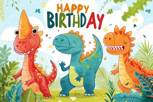 Happy Birthday with colorful cartoon dinosaurs in the jungle Generative AI