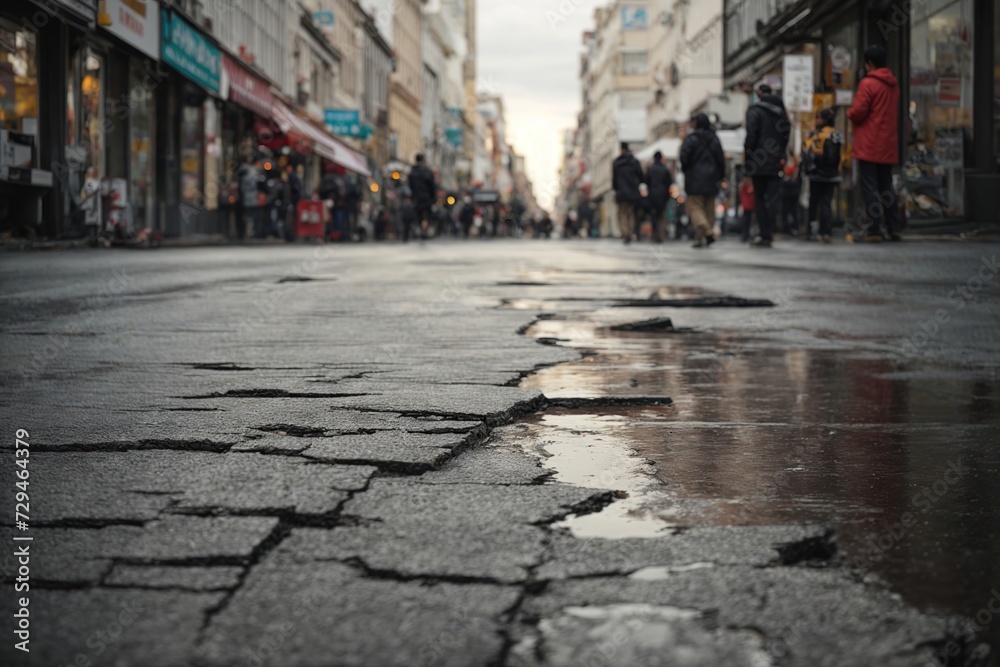 In a busy city street, there is a road with a long crack, depicting the effects of an earthquake, The background appears blurry