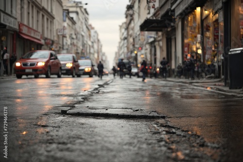 In a busy city street, there is a road with a long crack, depicting the effects of an earthquake, The background appears blurry