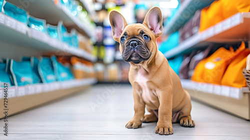 A cute French bulldog puppy with blue eyes sits on the floor in a pet store and looks up at the shelves and bags of food. Selection of healthy eco-friendly food for pets, shopping, sale photo