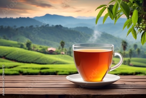 Cup of hot tea on the wooden table with the tea plantations background.
