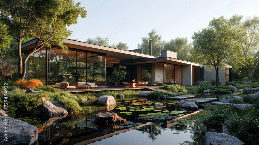 An angular, steel-framed house surrounded by a serene zen garden, blending modern design with natural elements. 