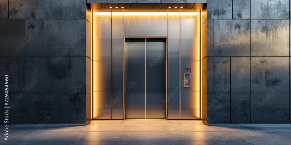 Modern Empty Elevator Interior with golden light. Symmetrical view of multiple empty elevator cabins with metal doors.