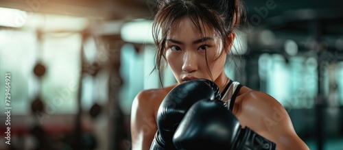 Asian female athlete training kickboxing with gloves at the gym © 2rogan