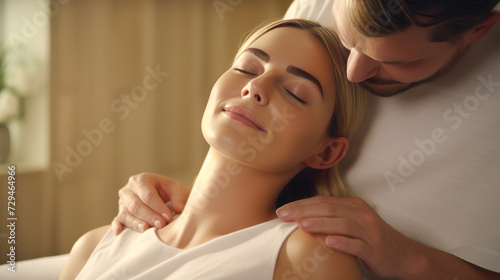 Husband making shoulder massage to his young beautiful wife. Spending time together relaxing at home. Young couple spending time together. Love  date  relationship