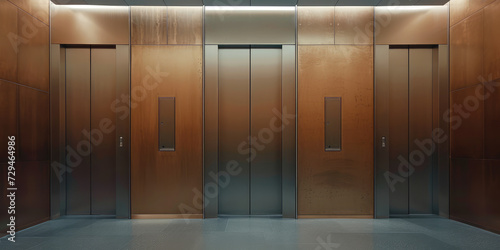 Modern Empty Elevator Interior. Symmetrical view of multiple empty elevator cabins with metal doors.