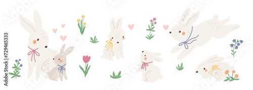 Cute bunny collection with flowers. Spring cartoon rabbits, mom and baby. Happy Easter print © happydesign