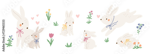 Cute bunny collection with flowers. Spring cartoon rabbits, mom and baby. Happy Easter print