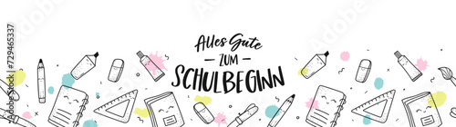 Cute hand drawn back to school pattern with text in German "school starts soon", lovely school supplies, great for banners, wallpapers, wrapping - vector design