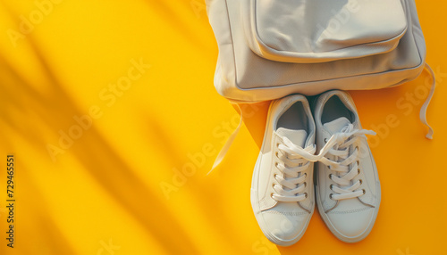 White Sneakers and Backpack on Yellow Background