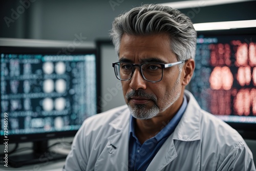 Neurologist doctor studying brain tests on a monitor at hospital 