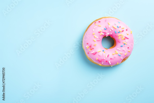 Delicious donut with pink glaze and sprinkles on light blue background with copy space.