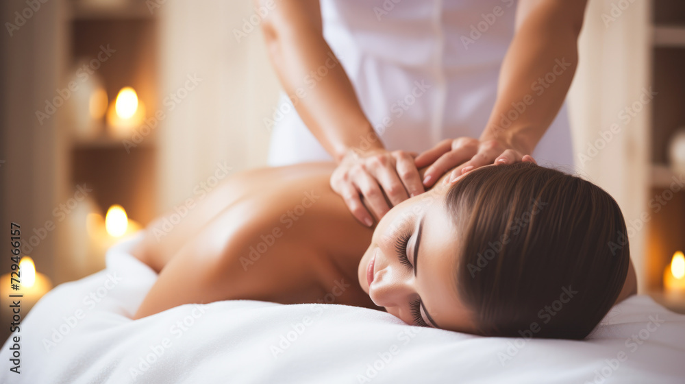 Obraz premium Back massage. Close-up of pretty woman relaxing and getting spa massage treatment at beauty spa salon. Spa skin and body care. Skin beauty treatment. Cosmetology, aromatherapy. Professional massage