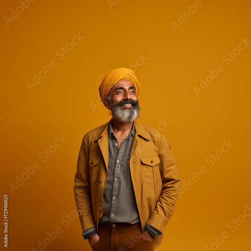 
an indian man in her 40s, yellow background, product photography