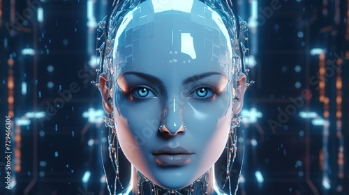 3d illustration rendering, ai robot head bionic face with data internet network, deep learning system technology machine, generative, ai,