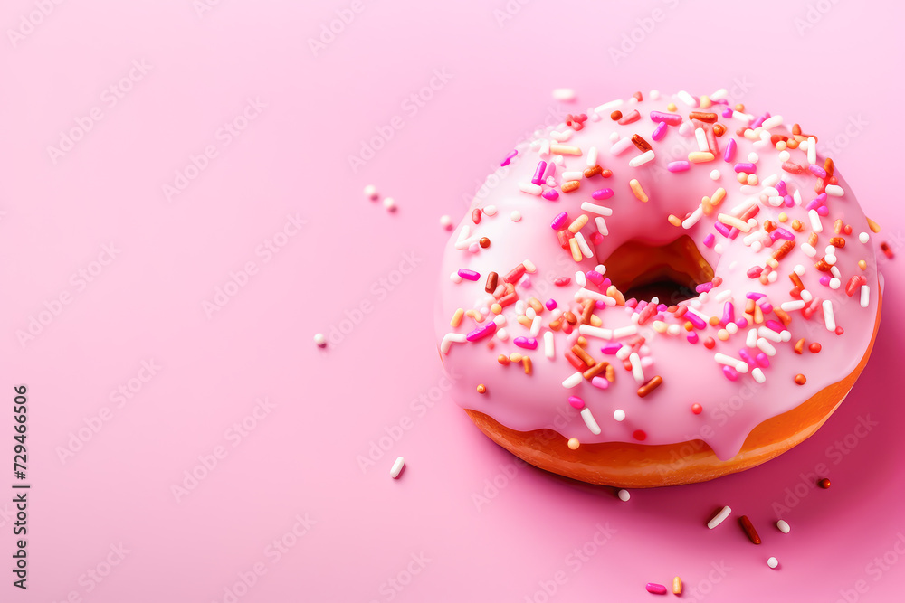 Delicious donut with pink glaze and sprinkles on pink background with copy space. Delicious donut with pink glaze and sprinkles on pink background with copy space.