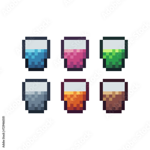 Pixel art sets icons of drink water sign variations in color. Water drink icon in pixelated style. 8-bit Illustration,for design asset elements, game UIs, and mobile apps icon collection.