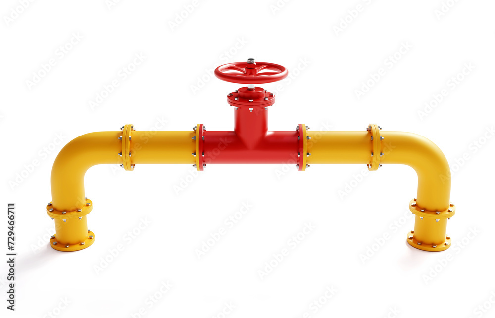 Yellow pipeline with red crane isolated on white background. Oil and gas industry concept. 3d-rendering Yellow pipeline with red crane isolated on white background. Oil and gas industry concept. 3d-rendering