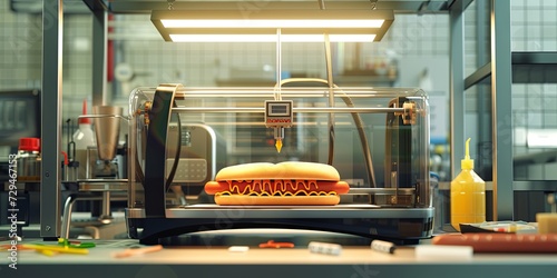 Technology for 3D printing a hot-dog on a printer. Modern technologies for printing products for human life. Alternative cuisine. photo