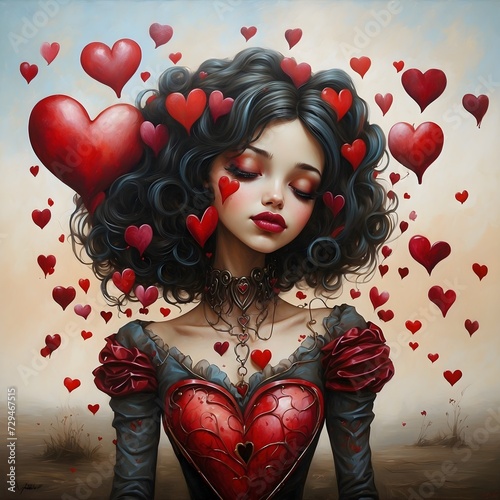 Verliebtes Mädchen umgeben von roten Herzen