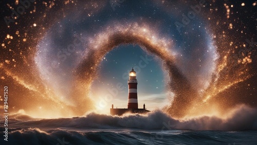 lighthouse at night highly intricately detailed photograph of  Roker Lighthouse   being hit by a large wave of star dust  photo