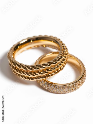 Two wedding golden rings on white background.