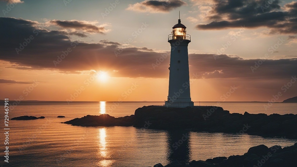 lighthouse at sunset Lighthouse searchlight beam near ocean at sunset 
