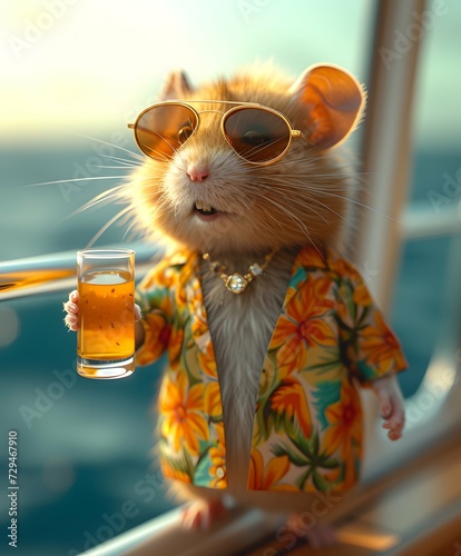 Photorealistic cute hamster on expensive yacht in a deep ocean © JKashko