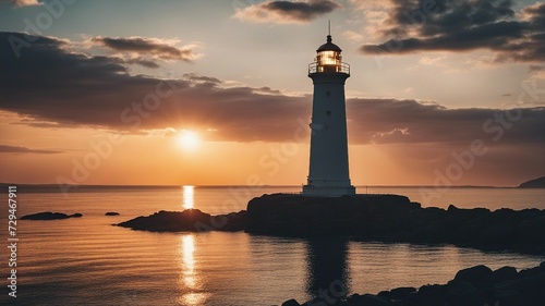 lighthouse at sunset Lighthouse searchlight beam near ocean at sunset 