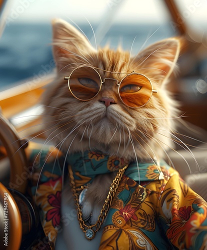 Photorealistic cute cat on expensive yacht in a deep ocean