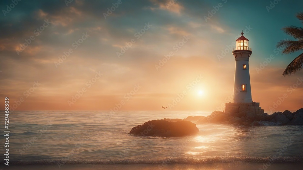 Fototapeta premium lighthouse at dusk A fantasy lighthouse in a sunset, 