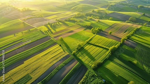 panorama seen from above of the plain with the cultivated fields divided into geometric shapes in spring photo