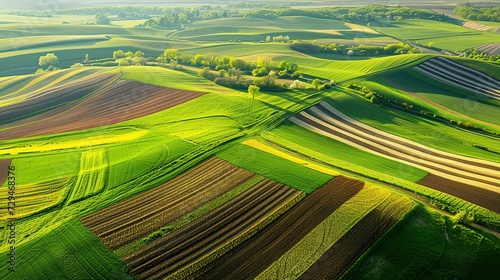 panorama seen from above of the plain with the cultivated fields divided into geometric shapes in spring