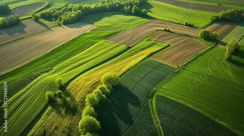 panorama seen from above of the plain with the cultivated fields divided into geometric shapes in spring