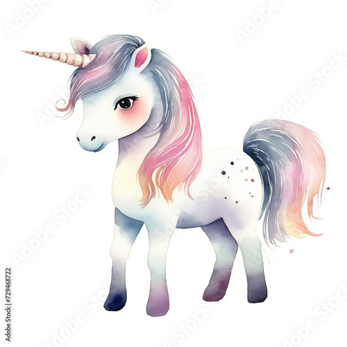 Watercolor illustration of a whimsical unicorn pony isolated on white background.