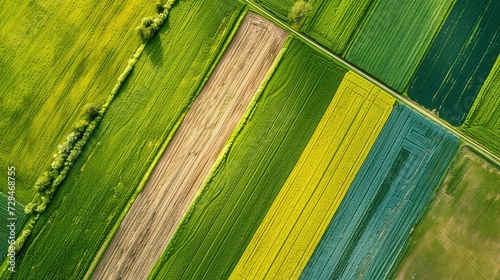 panorama seen from above of the plain with the cultivated fields divided into geometric shapes in spring
