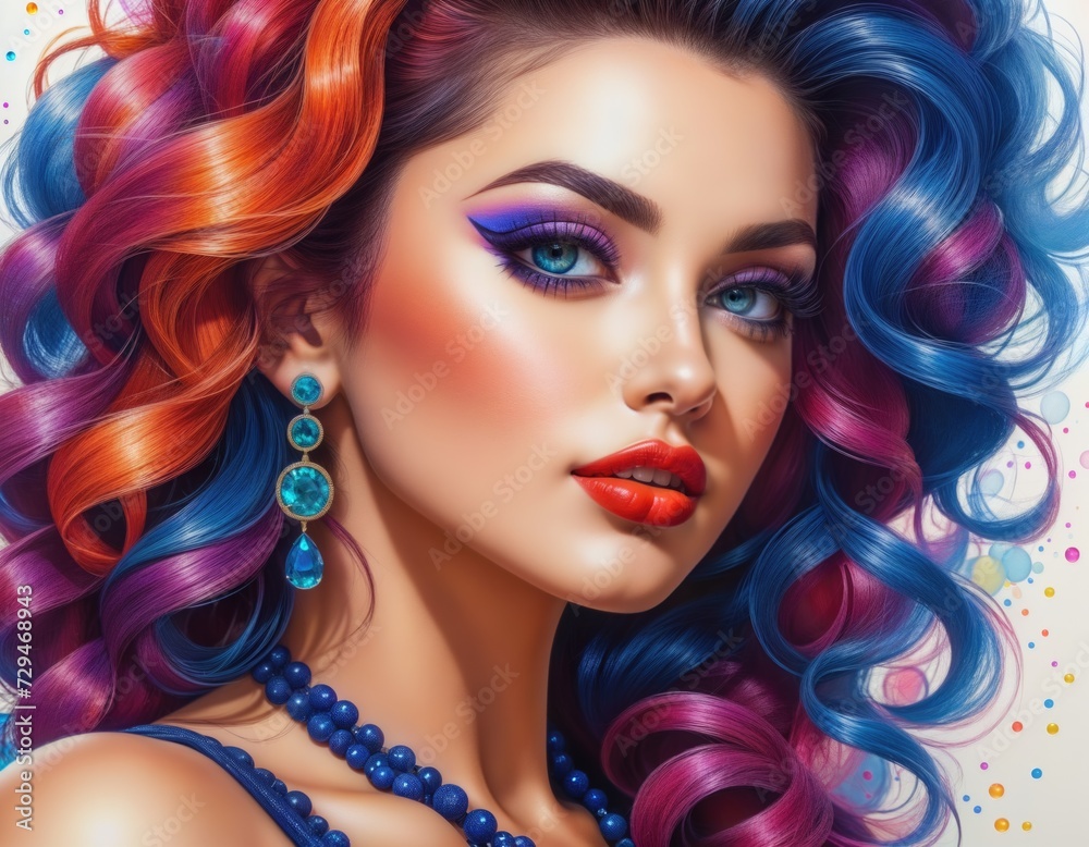 beautiful woman with multicolored hair and bright makeup, including blue and red eyeshadow, a red lipstick, and a orange blush