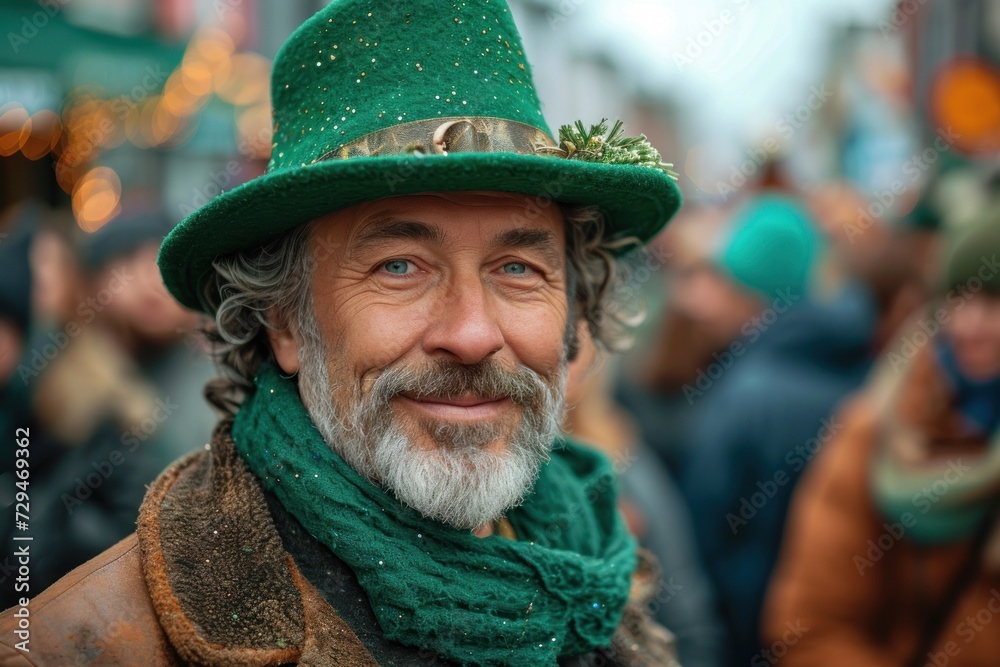 A man in green attire joins Saint Patrick's Day parade in an Irish town A man in green attire joins Saint Patrick's Day parade in an Irish town