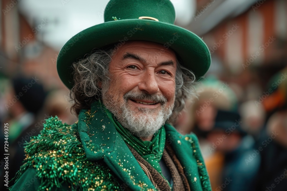 A man in green attire joins Saint Patrick's Day parade in an Irish town A man in green attire joins Saint Patrick's Day parade in an Irish town