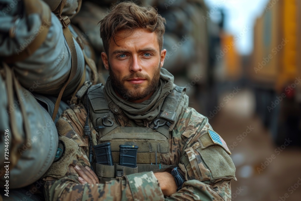 A soldier in full combat gear standing guard with a serious expression A soldier in full combat gear standing guard with a serious expression