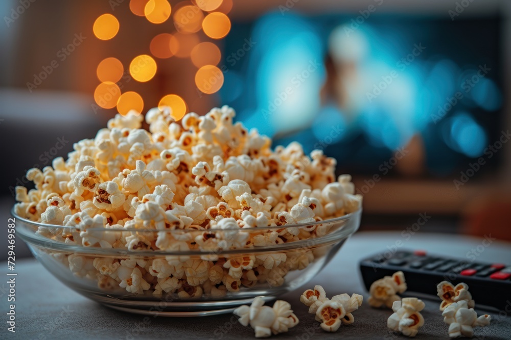 Popcorn in a cup and TV remote Ready to relax and watch series Popcorn in a cup and TV remote Ready to relax and watch series