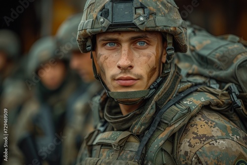 A soldier in full combat gear standing guard with a serious expression