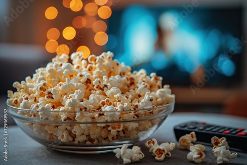 Popcorn in a cup and TV remote Ready to relax and watch series photo