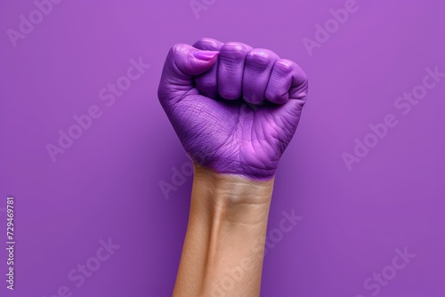 A woman raises a purple fist for International Women's Day