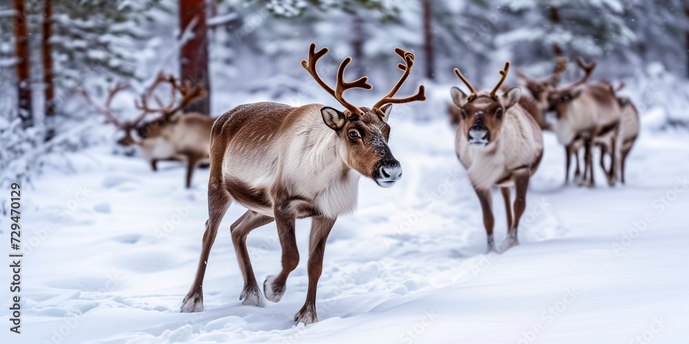 group of reindeers (Rangifer tarandus) in a snowy forest in winter group of reindeers (Rangifer tarandus) in a snowy forest in winter